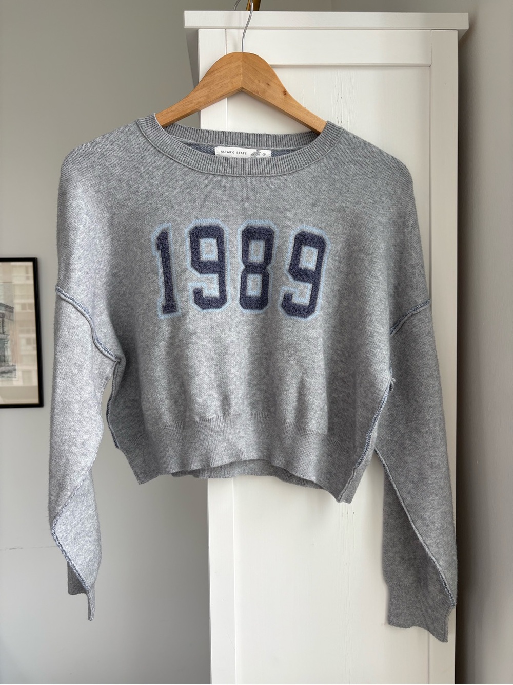 Altar’d State 1989 Cropped Sweater Gray Varsity Pullover Small Soft Cozy Preppy - Picture 9 of 10